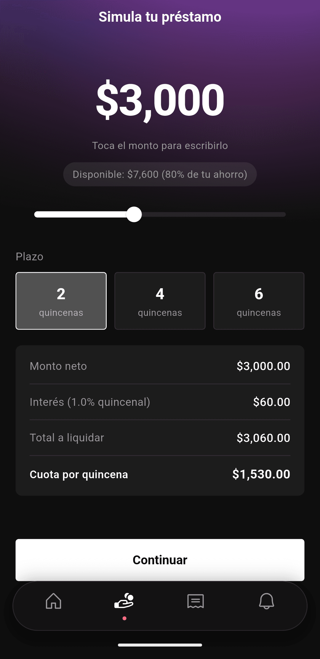 Pantalla del simulador de préstamos de la app RAYA+: monto, plazo en quincenas y cuota por quincena